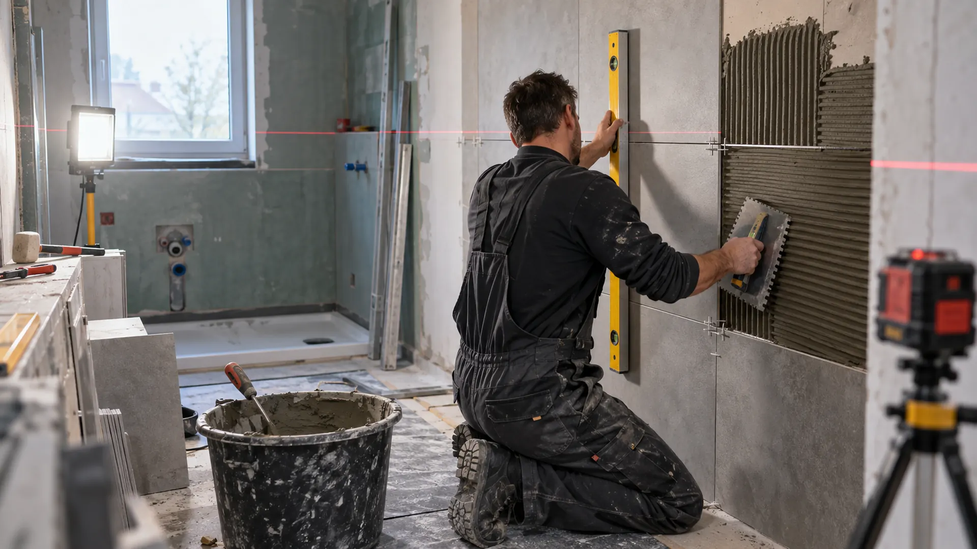 Fliesenleger bei der Arbeit in einem Badsanierungsprojekt