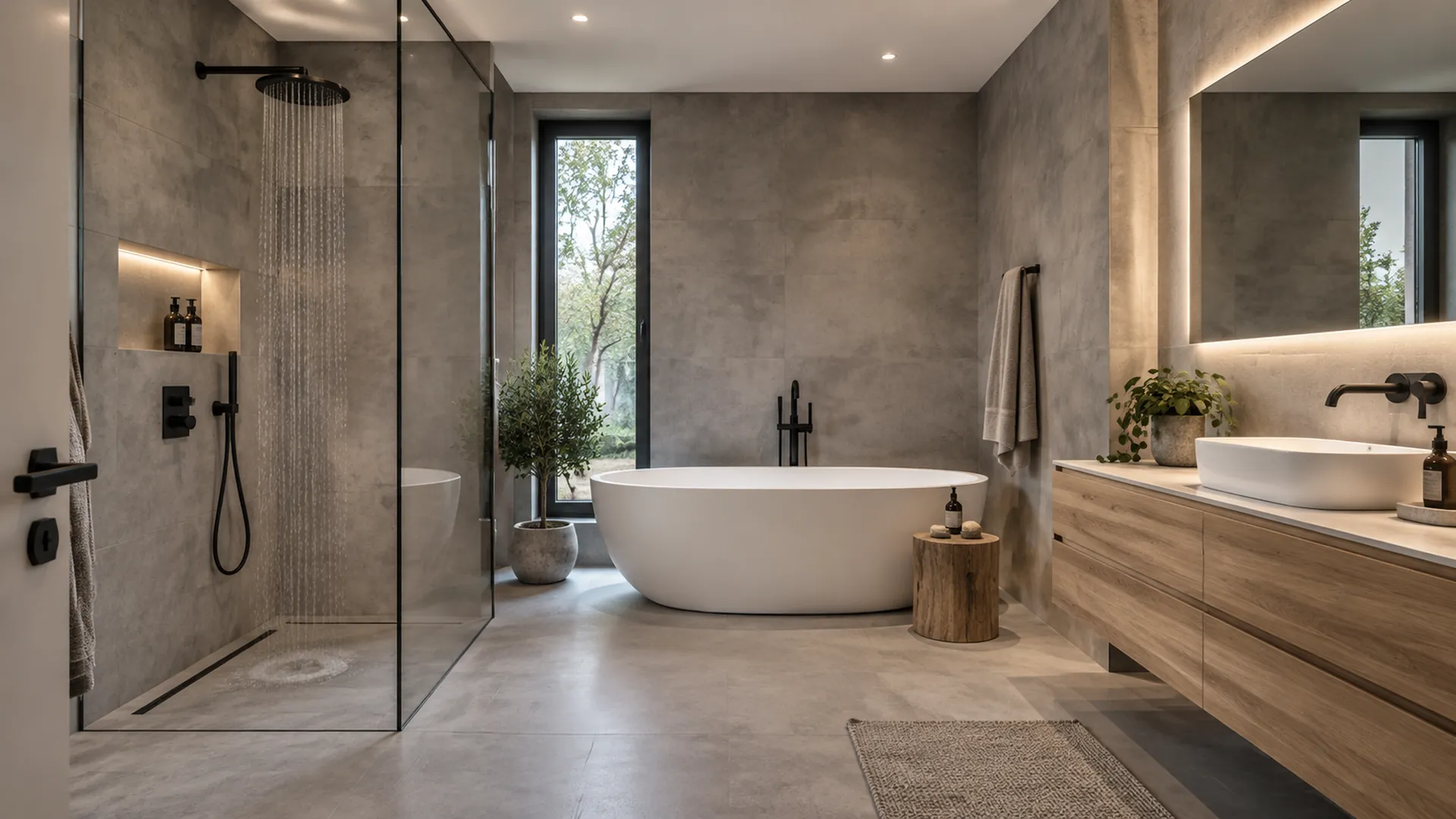 Modernes Badezimmer mit freistehender Wanne und Walk-in Dusche